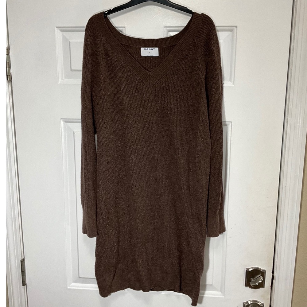 Old Navy Womens Brown V-Neck Long Sleeve Ribbed Knit Sweater Dress Medium